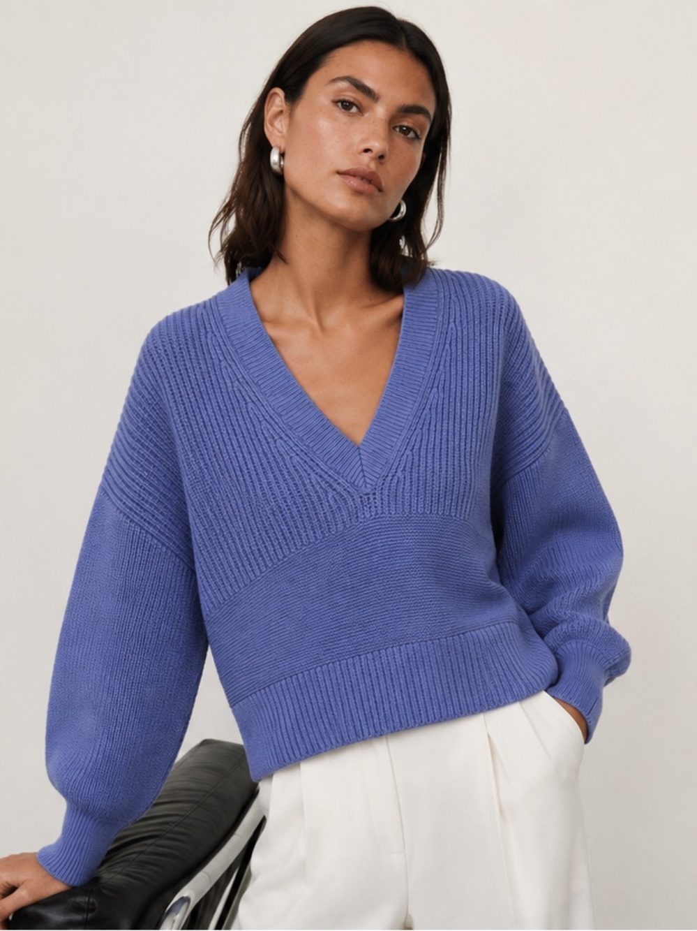 STAUD Rye V-neck sweater orchid purple balloon sleeve, size XS